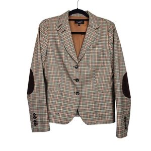 Talbots Womens Tan Green Plaid Print Elbow Patch Wool Blend Blazer Size 10